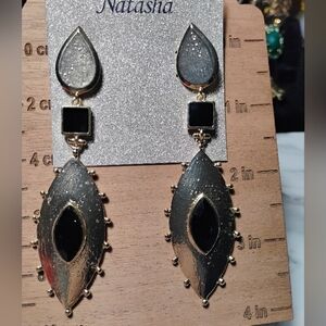 Natasha Couture Black and Silver Teardrop Earrings